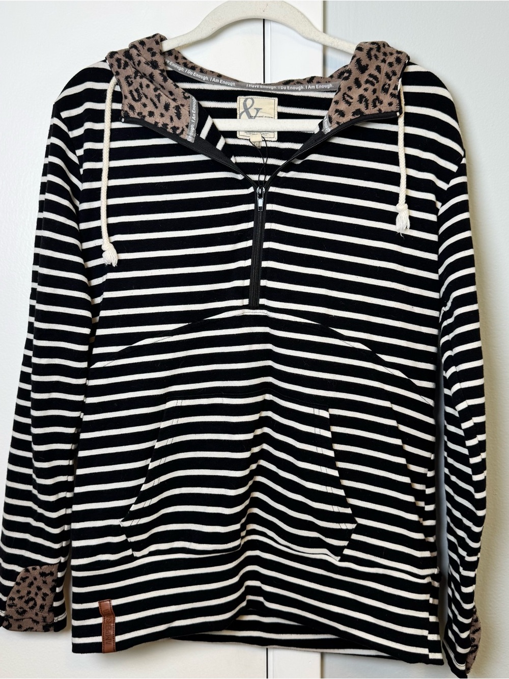 Black and White Striped Half-Zip Hoodie with Leopard Trim